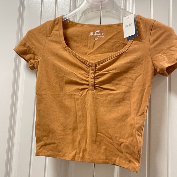 Hollister Cropped Ruched Button-Up Top Brown Orange - XS - Picture 4 of 10